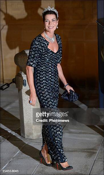 Princess Caroline de Monaco arrives at the Gala Dinner for the wedding of Prince Guillaume Of Luxembourg and Stephanie de Lannoy at the Hotel De...