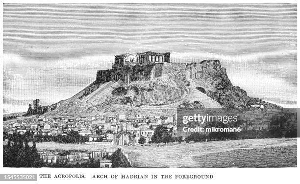 old engraved illustration of acropolis at athens and mausoleum of hadrian in the foreground - fallen lord stock pictures, royalty-free photos & images