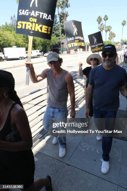 Jeremy Allen White walks the picket line in support of the SAG-AFTRA and WGA strike on July 20, 2023 in Los Angeles, California.