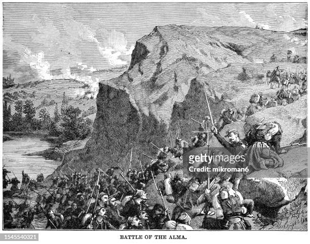 old engraving illustration of the battle of the alma, battle in the crimean war between an allied expeditionary force and russian forces defending the crimean peninsula on 20 september 1854 - peninsula 個照片及圖片檔