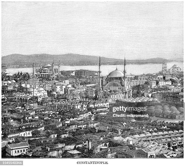 old engraved illustration of the constantinople, turkey - used stock pictures, royalty-free photos & images