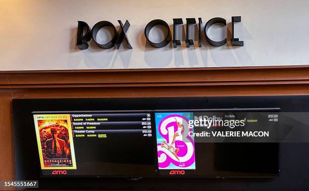 Movie theater Box Office is pictured announcing the opening of "Oppenheimer" and "Barbie" movies, in Los Angeles California, on July 20, 2023....