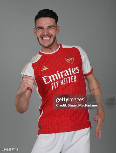 Arsenal unveil new signing Declan Rice at London Colney on July 15, 2023 in St Albans, England.