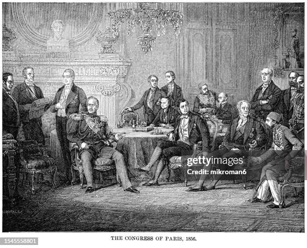 old engraved illustration of the congress of paris is the name for a series of diplomatic meetings held in 1856 in paris, france, to negotiate peace between the warring powers in the crimean war that had started almost three years earlier - prime minister stock pictures, royalty-free photos & images