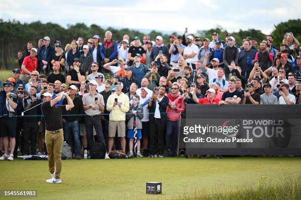 Rory McIlroy of Northern Ireland tees off on the 12th hole during Day Three of the Genesis Scottish Open at The Renaissance Club on July 15, 2023 in...
