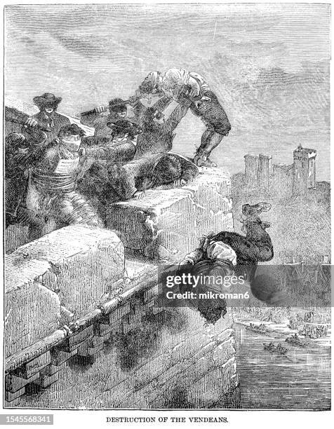 old engraving illustration of the war in the vendée, a counter-revolution from 1793 to 1796 in the vendée region of france during the french revolution - destruction of the vendeans - guillotine stock pictures, royalty-free photos & images
