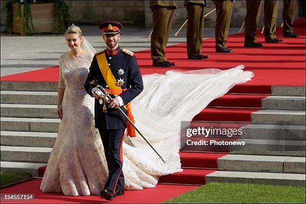 Prince Guillaume of Luxembourg and Princess Stephanie of Luxembourg leave the Cathedral of our Lady of Luxembourg on October 20, 2012 in Luxembourg....