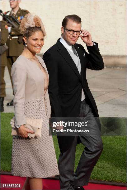 Princess Victoria of Sweden and husband Prince Daniel, Duke of Vastergotland arrive at the Cathedral before the wedding ceremony of Prince Guillaume...