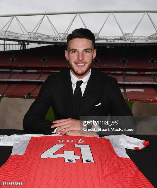 Arsenal unveil new signing Declan Rice at Emirates Stadium on July 15, 2023 in London, England.