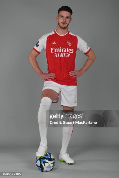 Arsenal unveil new signing Declan Rice at London Colney on July 15, 2023 in St Albans, England.