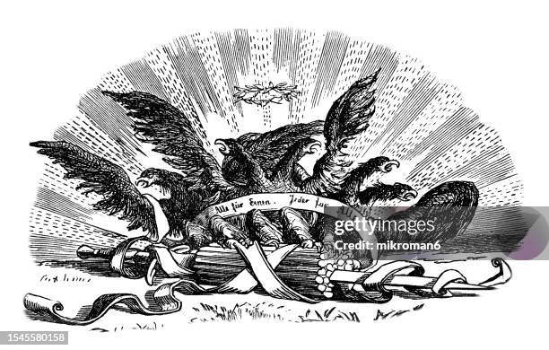 old engraved illustration of decorative coat of arms - eagles with german text - crest logo stock pictures, royalty-free photos & images