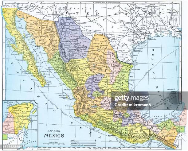 old chromolithograph map of mexico - ancient civilization - fotografias e filmes do acervo