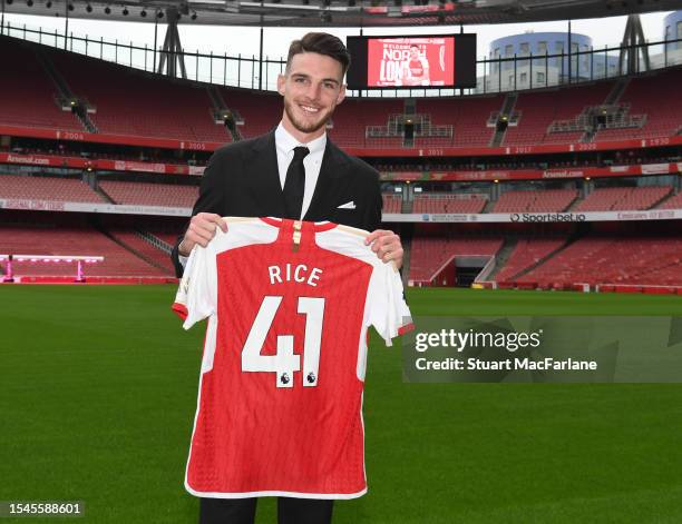 Arsenal unveil new signing Declan Rice at Emirates Stadium on July 15, 2023 in London, England.