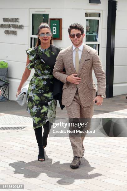 Priyanka Chopra Jonas and Nick Jonas attend day thirteen of the Wimbledon Tennis Championships at All England Lawn Tennis and Croquet Club on July...