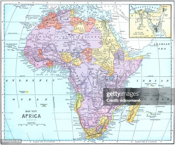 old chromolithograph map of africa - antique world map stock pictures, royalty-free photos & images