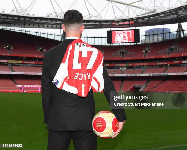 Arsenal unveil new signing Declan Rice at Emirates Stadium on July 15, 2023 in London, England.