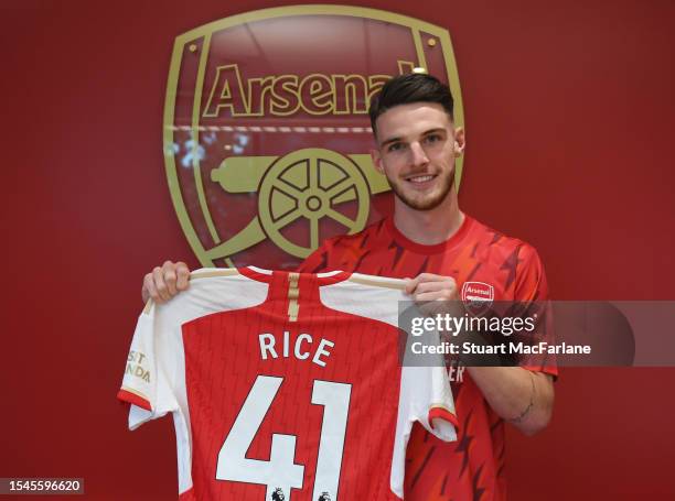 Arsenal unveil new signing Declan Rice at London Colney on July 15, 2023 in St Albans, England.