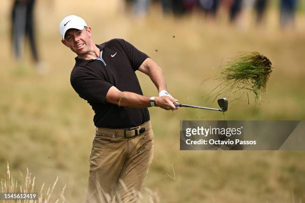Rory McIlroy of Northern Ireland plays his second shot on the 16th hole during Day Three of the Genesis Scottish Open at The Renaissance Club on July...