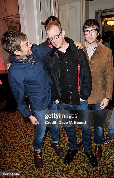 Damon Albarn, Dave Rowntree, Alex James and Graham Coxon of Blur arrives at The Q Awards 2012 at the Grosvenor House Hotel on October 22, 2012 in...