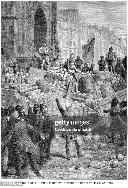 old engraved illustration of barricade of the port st. denis during the commune, paris - woman body painting stock pictures, royalty-free photos & images