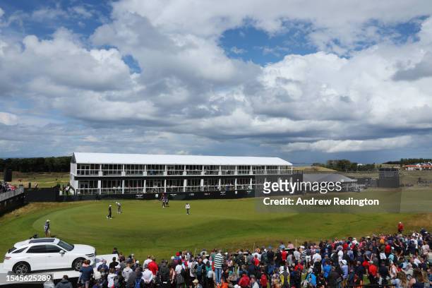 General view of the 18th green Max Homa of the United States putts during Day Three of the Genesis Scottish Open at The Renaissance Club on July 15,...