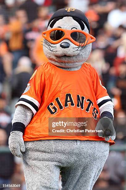 San Francisco Giants mascot Lou Seal on the field before the Giants take on the St. Louis Cardinals in Game Six of the National League Championship...