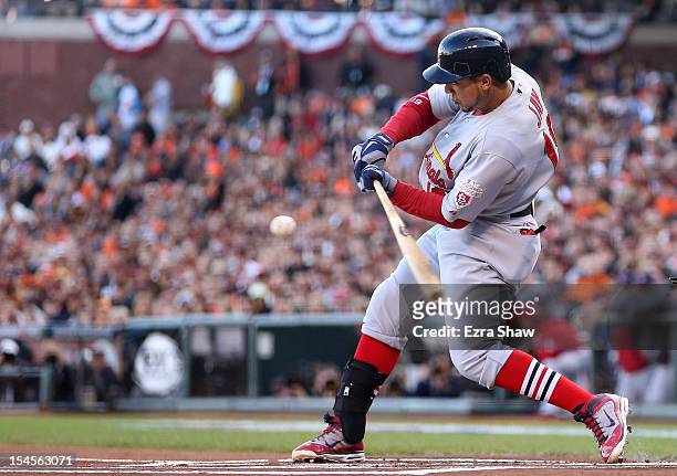 Jon Jay of the St. Louis Cardinals at bat against the San Francisco Giants in Game Six of the National League Championship Series at AT&T Park on...