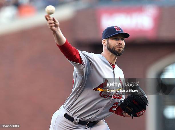 Chris Carpenter of the St. Louis Cardinals pitches against the San Francisco Giants in Game Six of the National League Championship Series at AT&T...