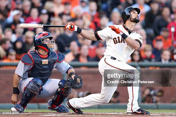 Angel Pagan of the San Francisco Giants at bat against the St. Louis Cardinals in Game Six of the National League Championship Series at AT&T Park on...