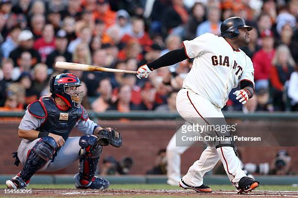 Pablo Sandoval of the San Francisco Giants at bat against the St. Louis Cardinals in Game Six of the National League Championship Series at AT&T Park...
