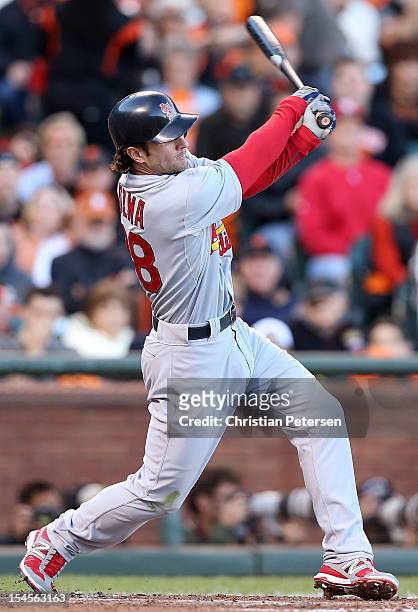 Pete Kozma of the St. Louis Cardinals at bat against the San Francisco Giants in Game Six of the National League Championship Series at AT&T Park on...