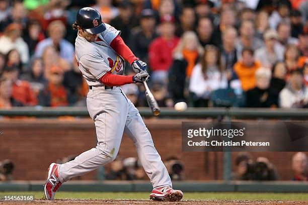 Pete Kozma of the St. Louis Cardinals at bat against the San Francisco Giants in Game Six of the National League Championship Series at AT&T Park on...