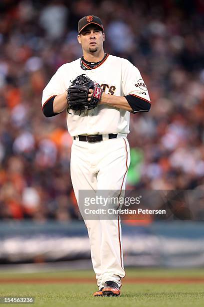 Pitcher Ryan Vogelsong of the San Francisco Giants looks on in the fourth inning while taking on the St. Louis Cardinals in Game Six of the National...
