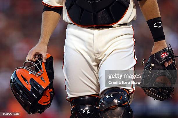 Catcher Buster Posey of the San Francisco Giants is seen as the Giants take on the St. Louis Cardinals in Game Six of the National League...