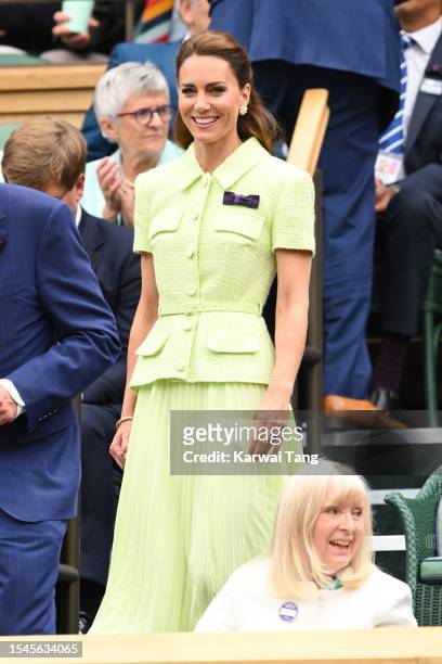 Catherine, Duchess of Cambridge attends day thirteen of the Wimbledon Tennis Championships at All England Lawn Tennis and Croquet Club on July 15,...