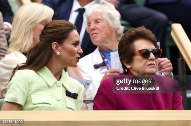 Catherine, Princess of Wales and Founding President of the Women's Tennis Association, Billie Jean King are seen in the Royal Box ahead of the...