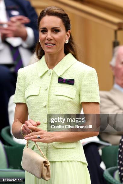 Catherine, Princess of Wales is seen in the Royal Box ahead of the Women's Singles Final between Marketa Vondrousova of Czech Republic and Ons Jabeur...