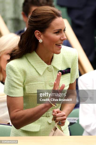 Catherine, Princess of Wales is seen in the Royal Box ahead of the Women's Singles Final between Marketa Vondrousova of Czech Republic and Ons Jabeur...