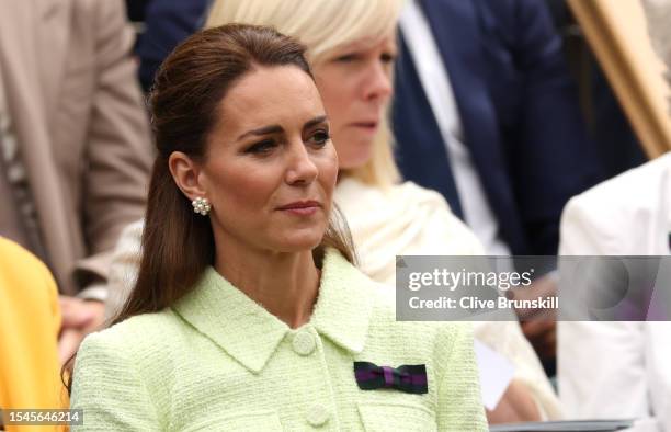 Catherine, Princess of Wales is seen in the Royal Box ahead of the Women's Singles Final between Marketa Vondrousova of Czech Republic and Ons Jabeur...