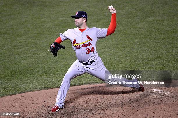 Marc Rzepczynski of the St. Louis Cardinals pitches against the San Francisco Giants in Game Six of the National League Championship Series at AT&T...