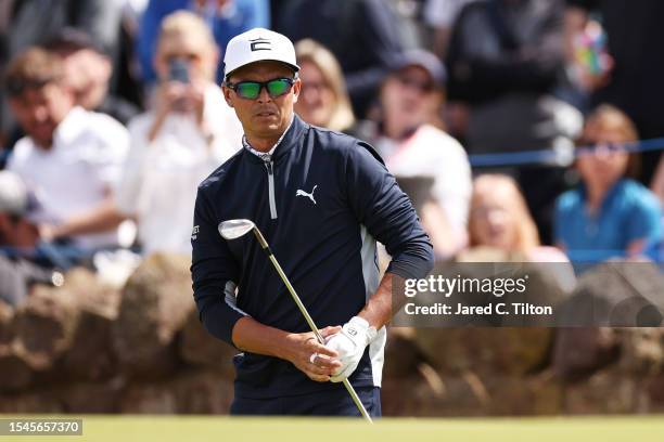 Rickie Fowler of the United States looks on from the 18th green during Day Three of the Genesis Scottish Open at The Renaissance Club on July 15,...