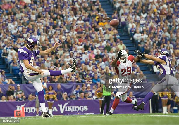 Chris Kluwe of the Minnesota Vikings punts the ball during an NFL game against the Arizona Cardinals at Mall of America Field at the Hubert H....