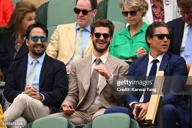 Lin-Manuel Miranda, Andrew Garfield and Vito Schnabel attend day thirteen of the Wimbledon Tennis Championships at All England Lawn Tennis and...