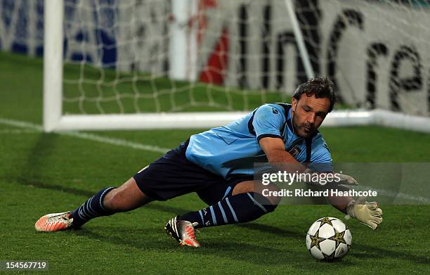 Goalkeeper Quim in action during the Sporting Braga training session ahead of their UEFA Champions League match against Manchester United, at Old...