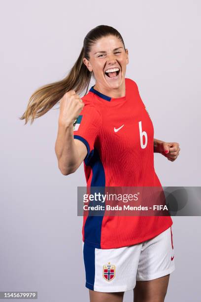 Maren Mjelde of Norway poses during the official FIFA Women's World Cup Australia & New Zealand 2023 portrait session on July 15, 2023 in Auckland,...