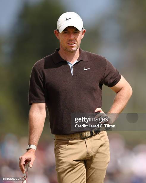 Rory McIlroy of Northern Ireland looks on from the 18th green during Day Three of the Genesis Scottish Open at The Renaissance Club on July 15, 2023...