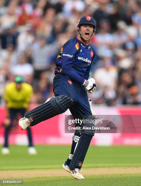 Simon Harmer of Essex celebrates hitting the winning runs during the Vitality Blast Semi-Final match between Essex Eagles and Hampshire Hawks at...