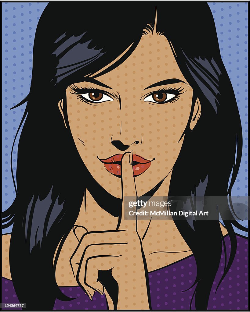 Woman with finger to lips, shushing