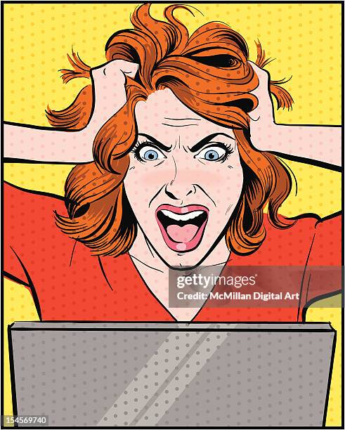 woman yelling at computer, pulling hair - blurred background interior stock illustrations