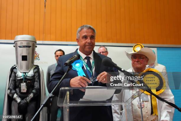 Conservative Party candidate, Steve Tuckwell, speaks after winning the Uxbridge and South Ruislip by-election on July 21, 2023 in Uxbridge, England....